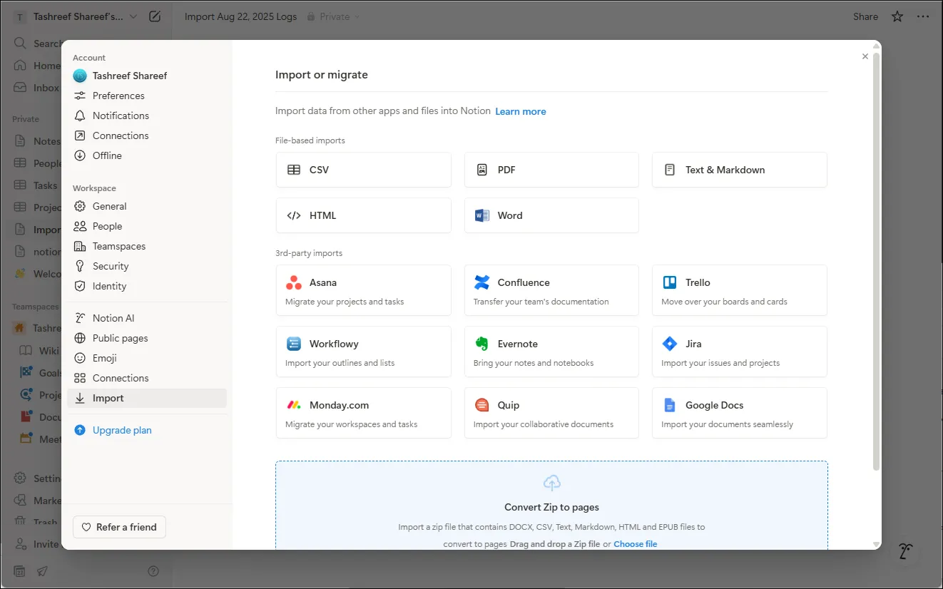 Notion import tab showing 3rd party apps