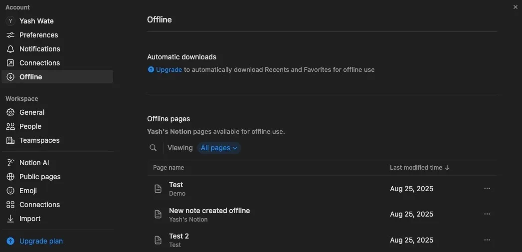 Accessing offline pages in Notion under workspace settings.