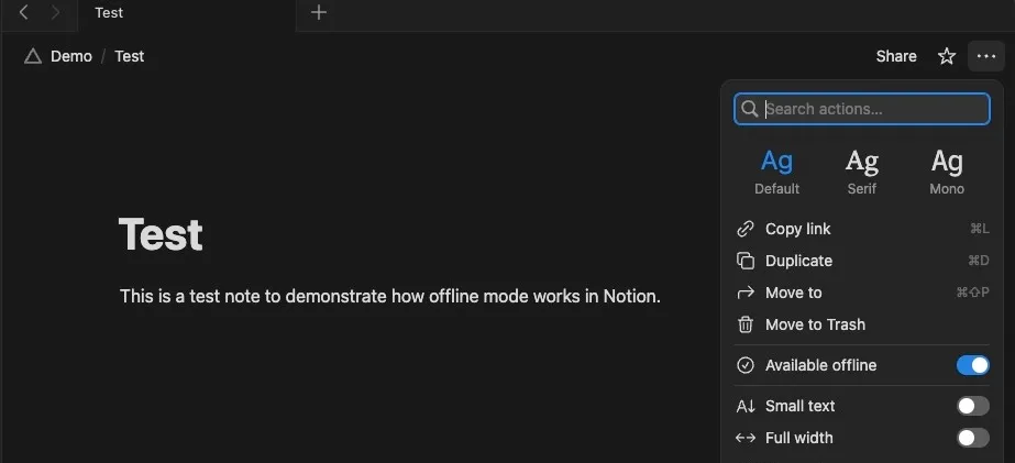 Available offline switch toggled on for a note in the Notion app on a Mac.