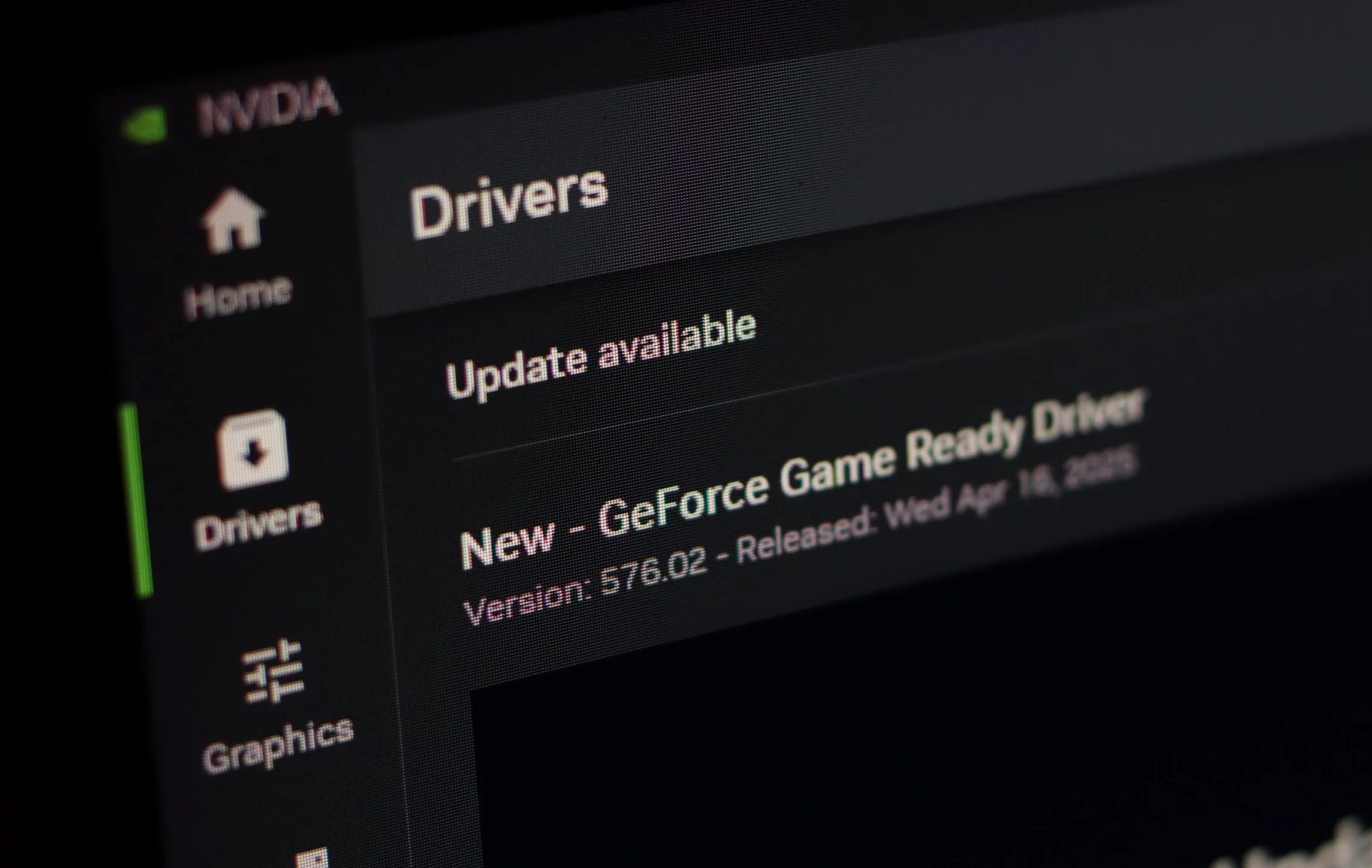 Nvidia GPU driver update in the Nvidia app
