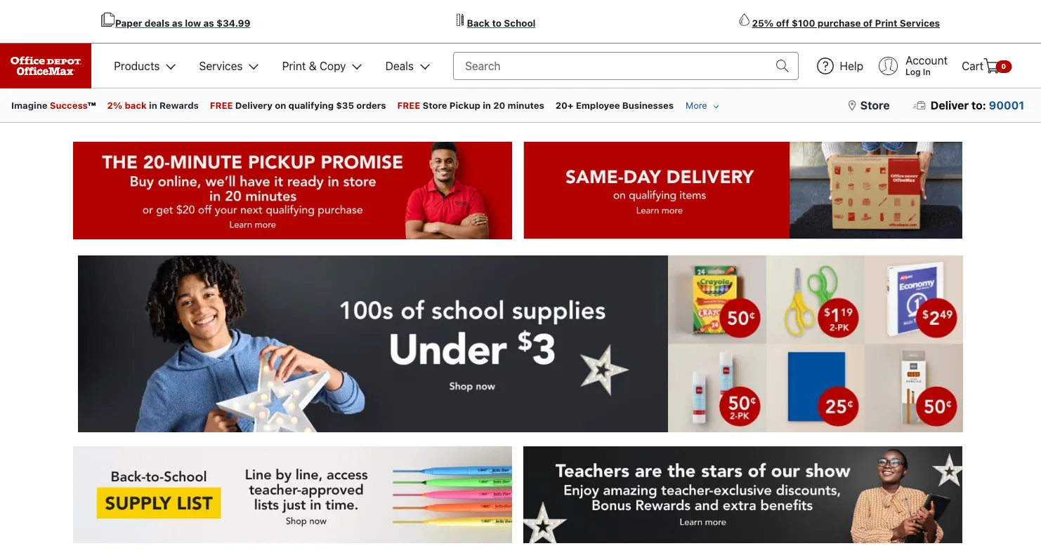 Office Depot website displaying discounts on school supplies