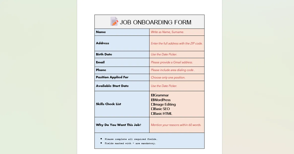 Overview of Finished Form in Word