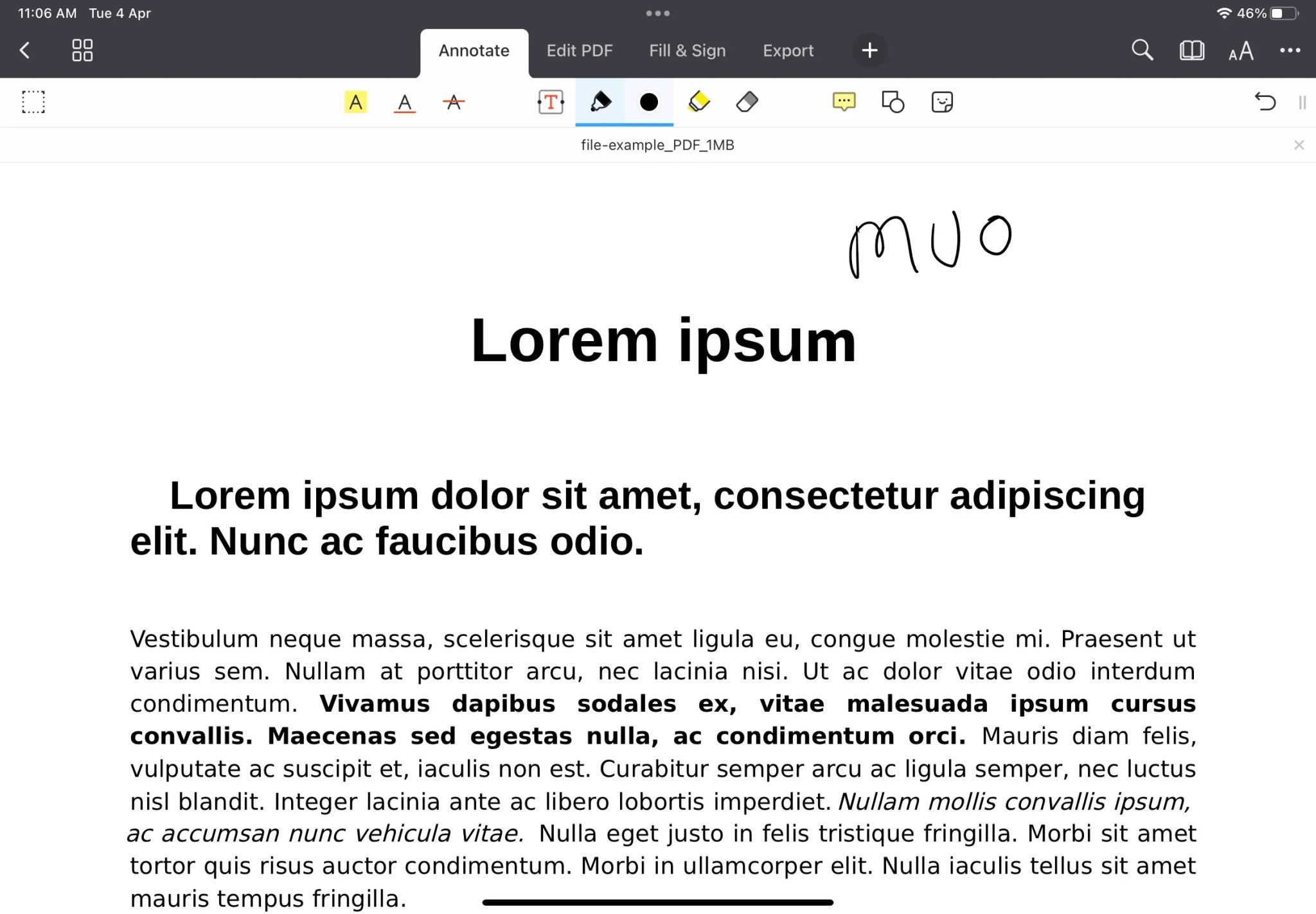 أدوات التعليق في تطبيق PDF Expert على جهاز iPad