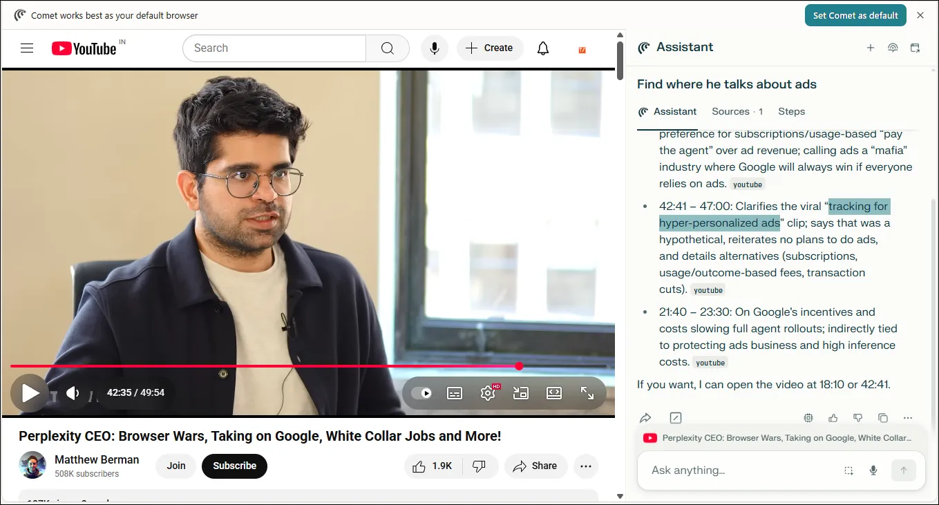Perplexity CEO Srinivas Interview with Matthew Berman on YouTube