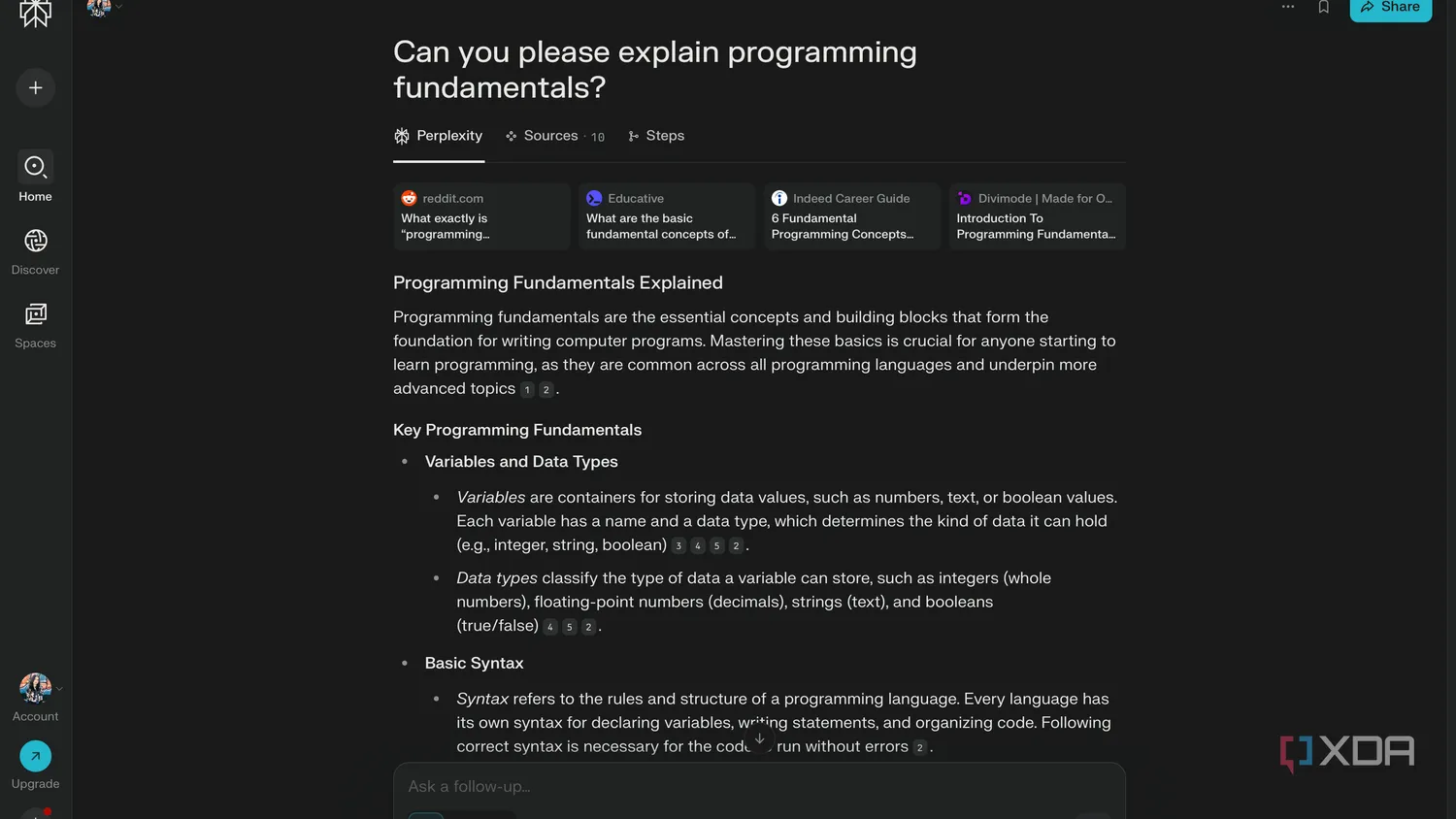 Perplexity يشرح أساسيات البرمجة