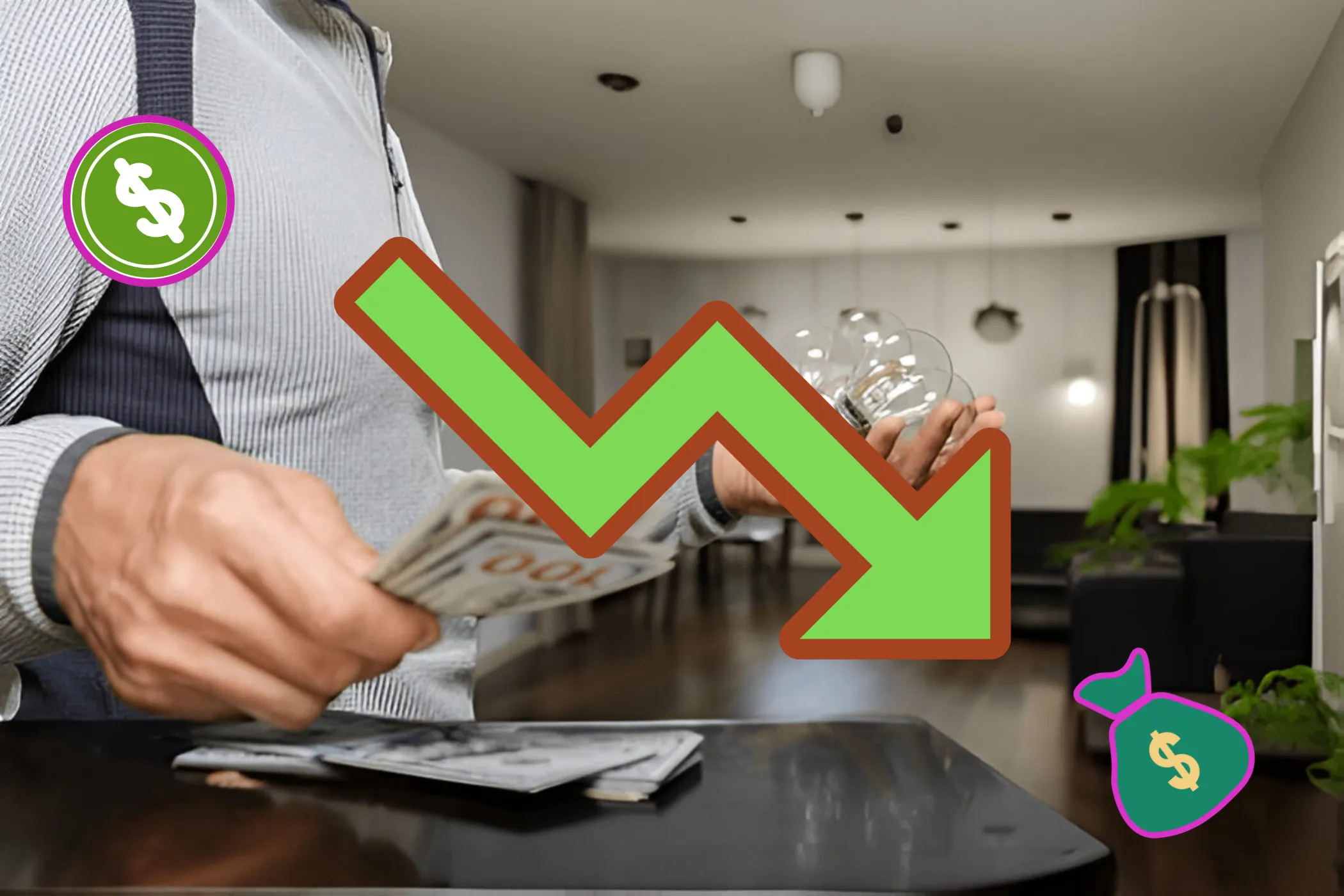 شخص يوفر المال على فواتير الكهرباء عن طريق التحول إلى مصابيح موفرة للطاقة، يرمز إليها بسهم أخضر متجه لأسفل وأيقونات نقدية في منزل حديث