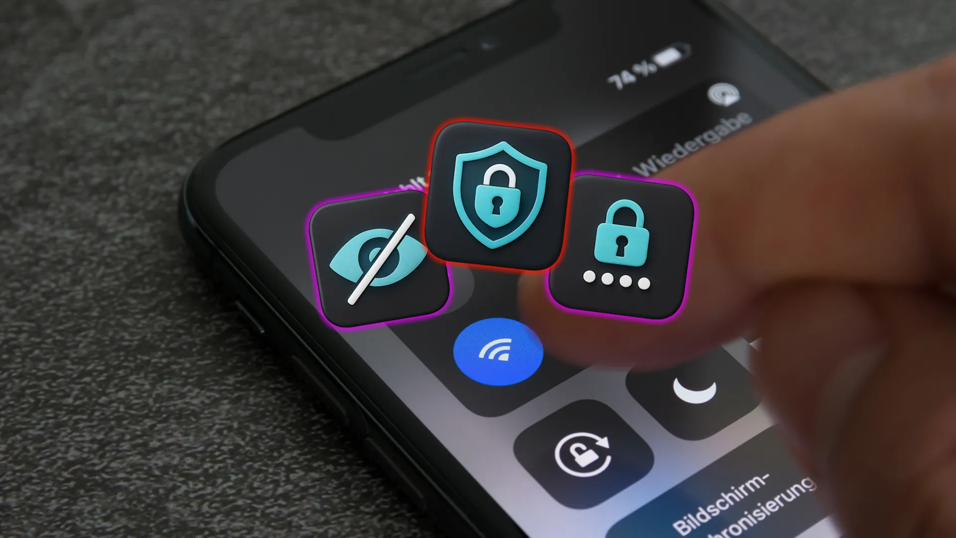 شخص ينقر على أيقونة Wi-Fi على شاشة هاتف ذكي مع أيقونات أمان.