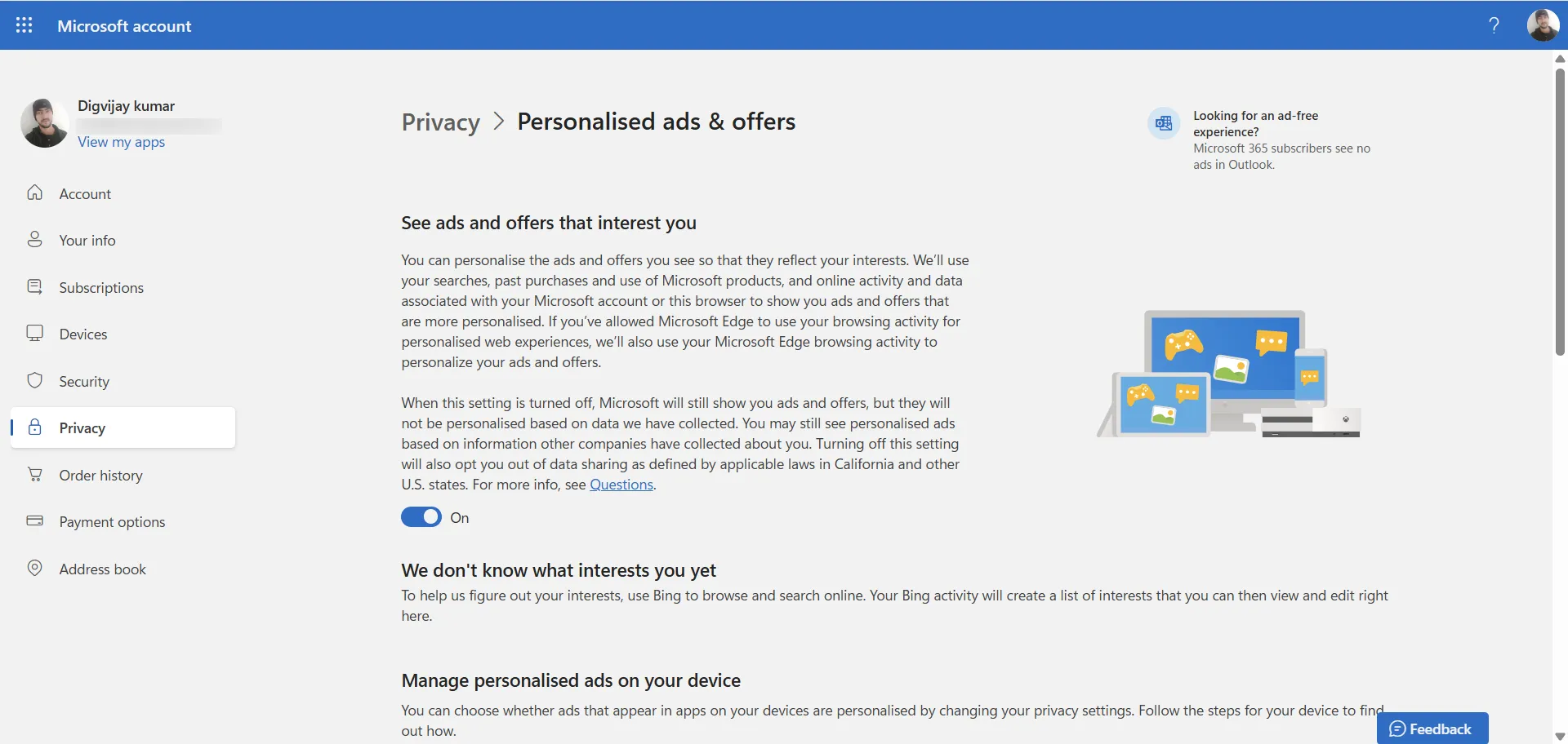 صفحة إعدادات الإعلانات المخصصة في حساب Microsoft.