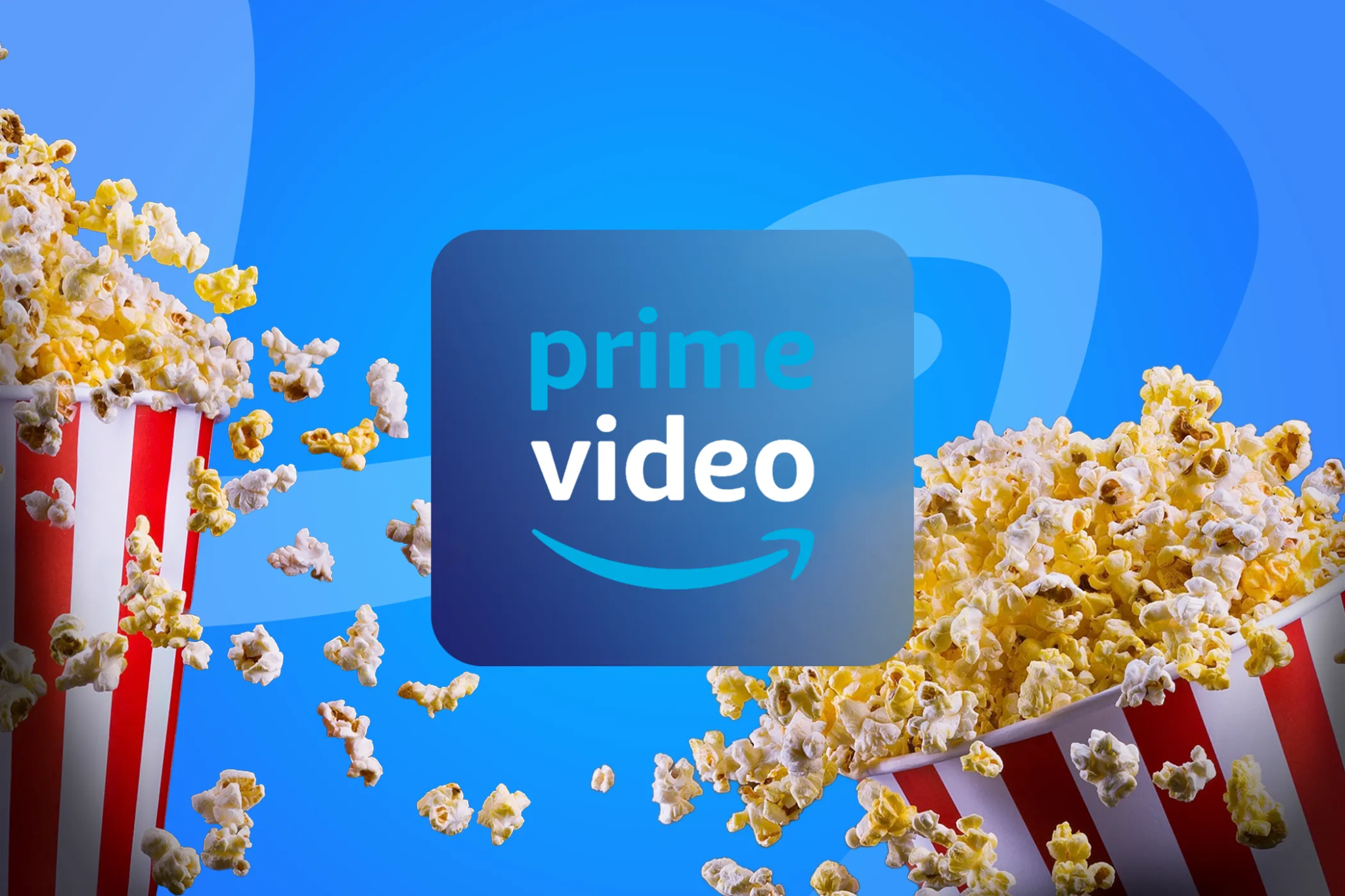 شعار Prime Video على خلفية زرقاء، محاطًا بالفشار المتطاير ودلاء الفشار ذات الخطوط الحمراء