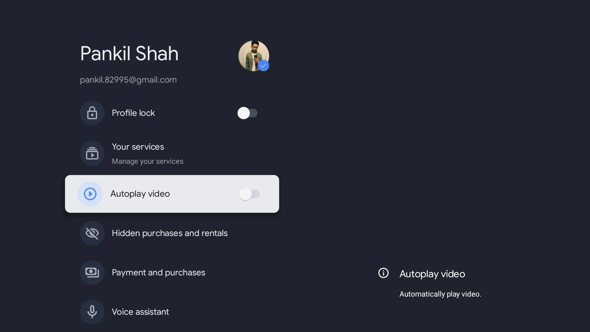 قائمة إعدادات الملف الشخصي على Google TV
