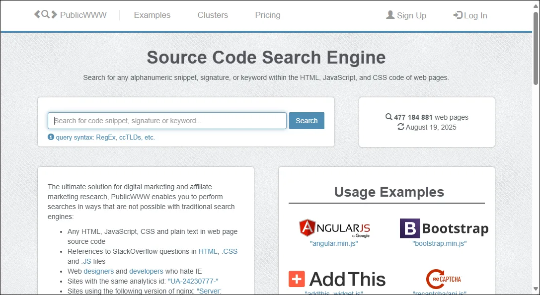 publicwww home screen