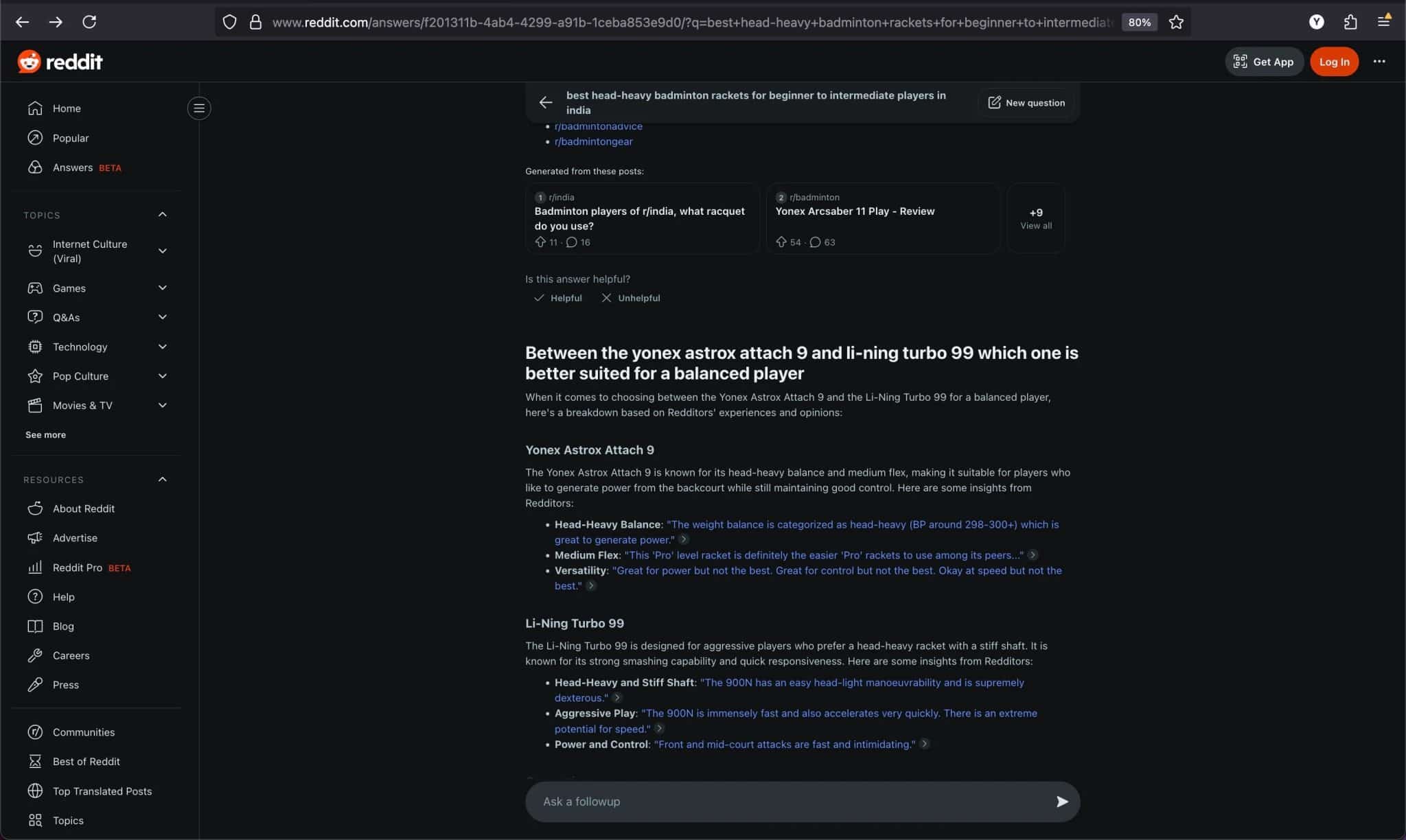 Reddit Answers' response to a follow-up question about choosing the best racket between two options.