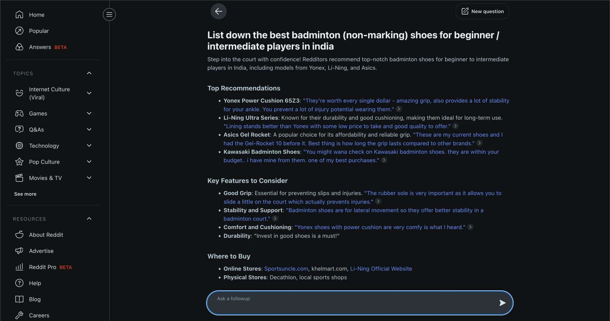 Reddit Answers' response to a query.