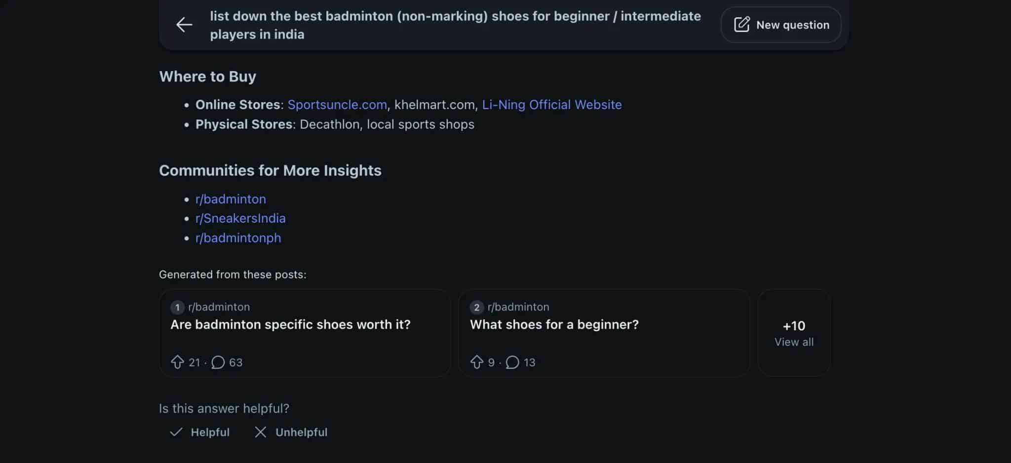 List of related communities and sources below a Reddit Answers' response.