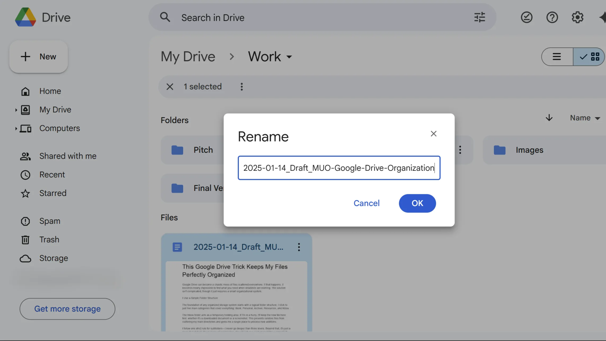 Rename dialog box in Google Drive.