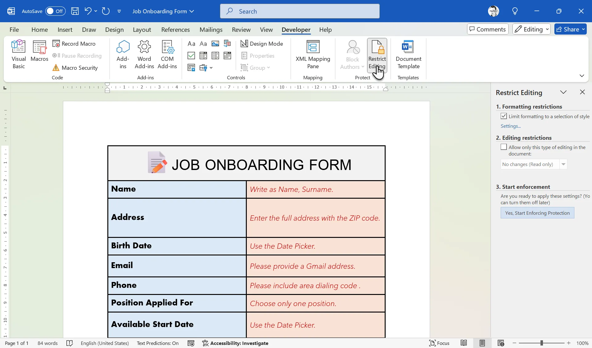 Restrict Editing of Word Form