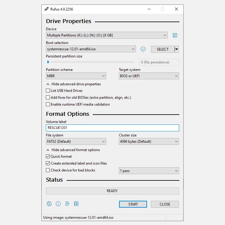 rufus iso to usb tool with systemrescue