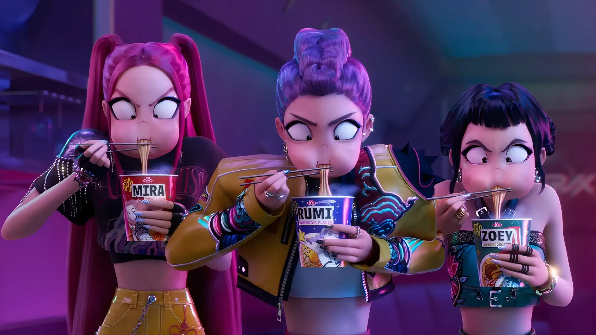 رومي، ميرا، وزوي يأكلون المعكرونة في فيلم K-Pop Demon Hunters