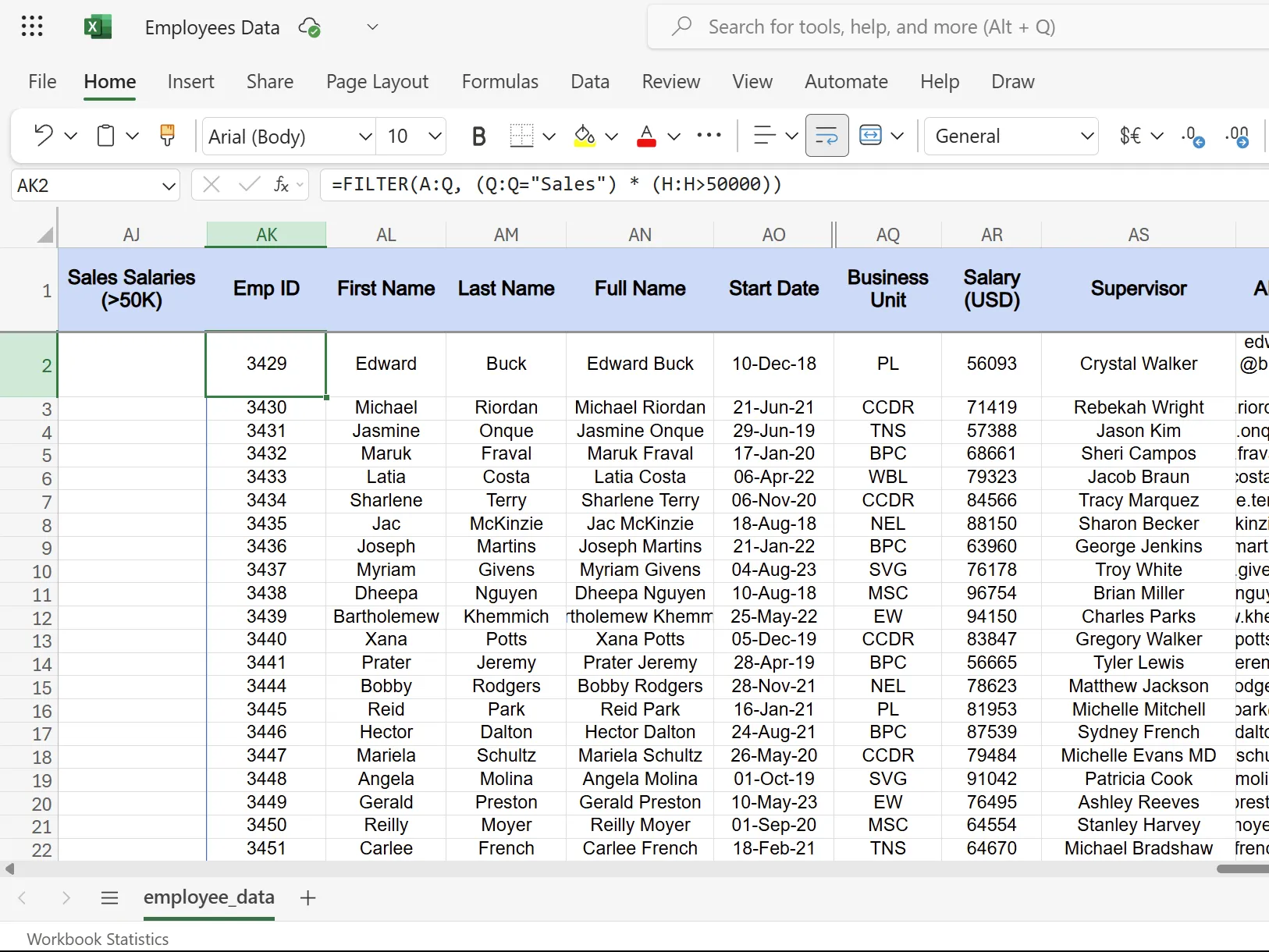 Sales team data in Excel spreadsheet filtered by salaries.
