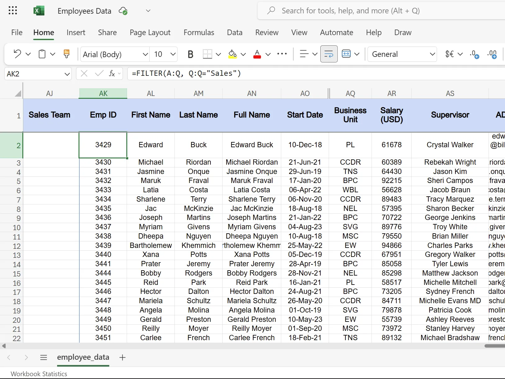 Sales team data in Excel spreadsheet.
