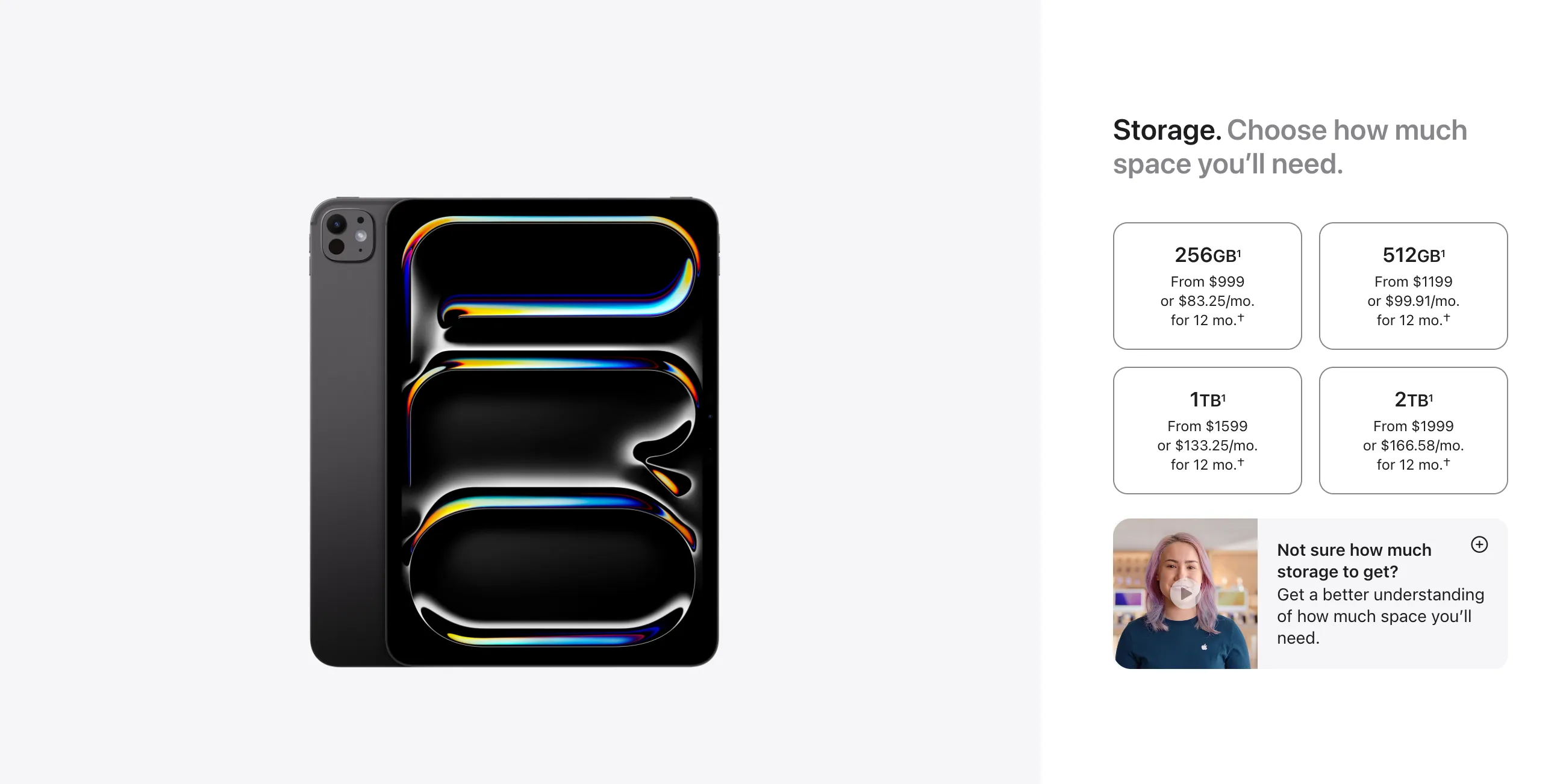 iPad Pro Apple Store page with multiple storage options available