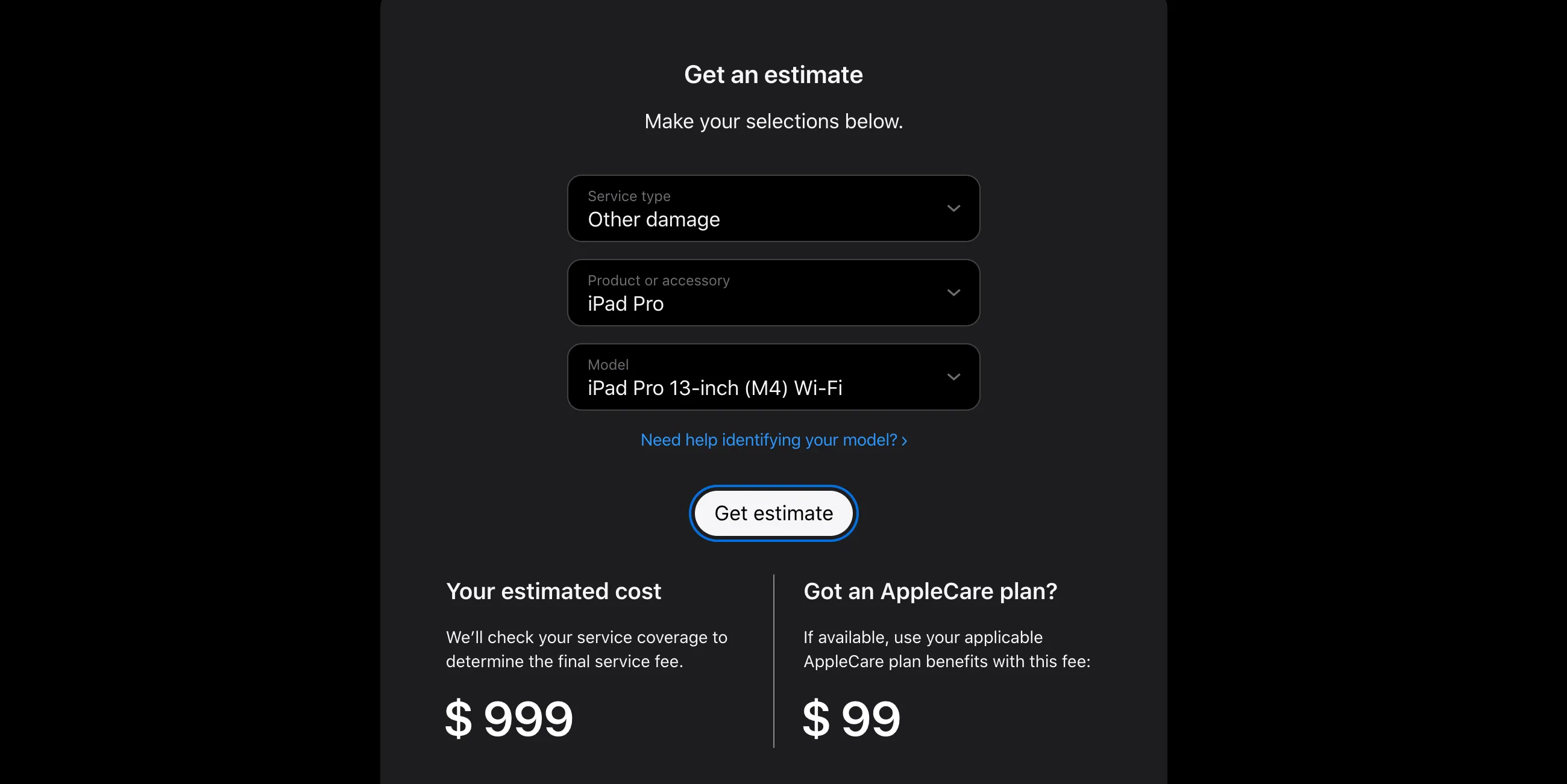 Apple support page open with an estimate for repairing an iPad