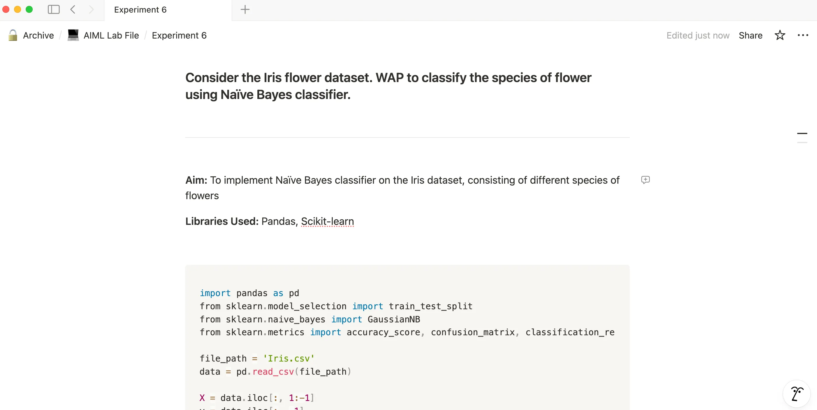Notion مفتوح على صفحة حول تجربة معملية لتعلم الآلة