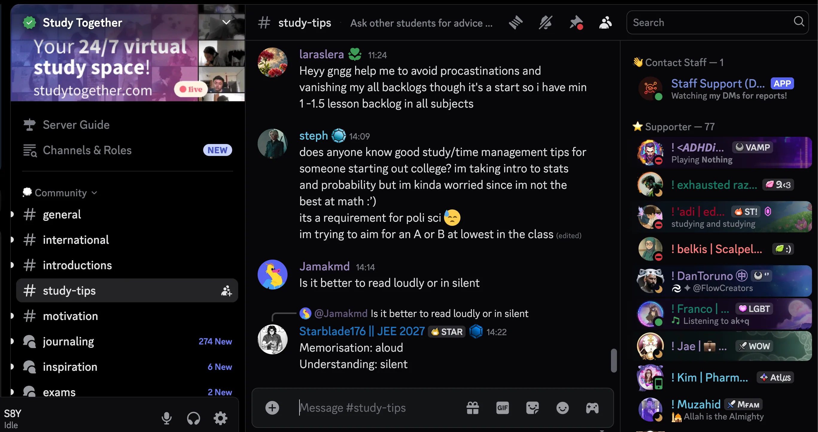 Discord Study Together server open with people talking about study tips