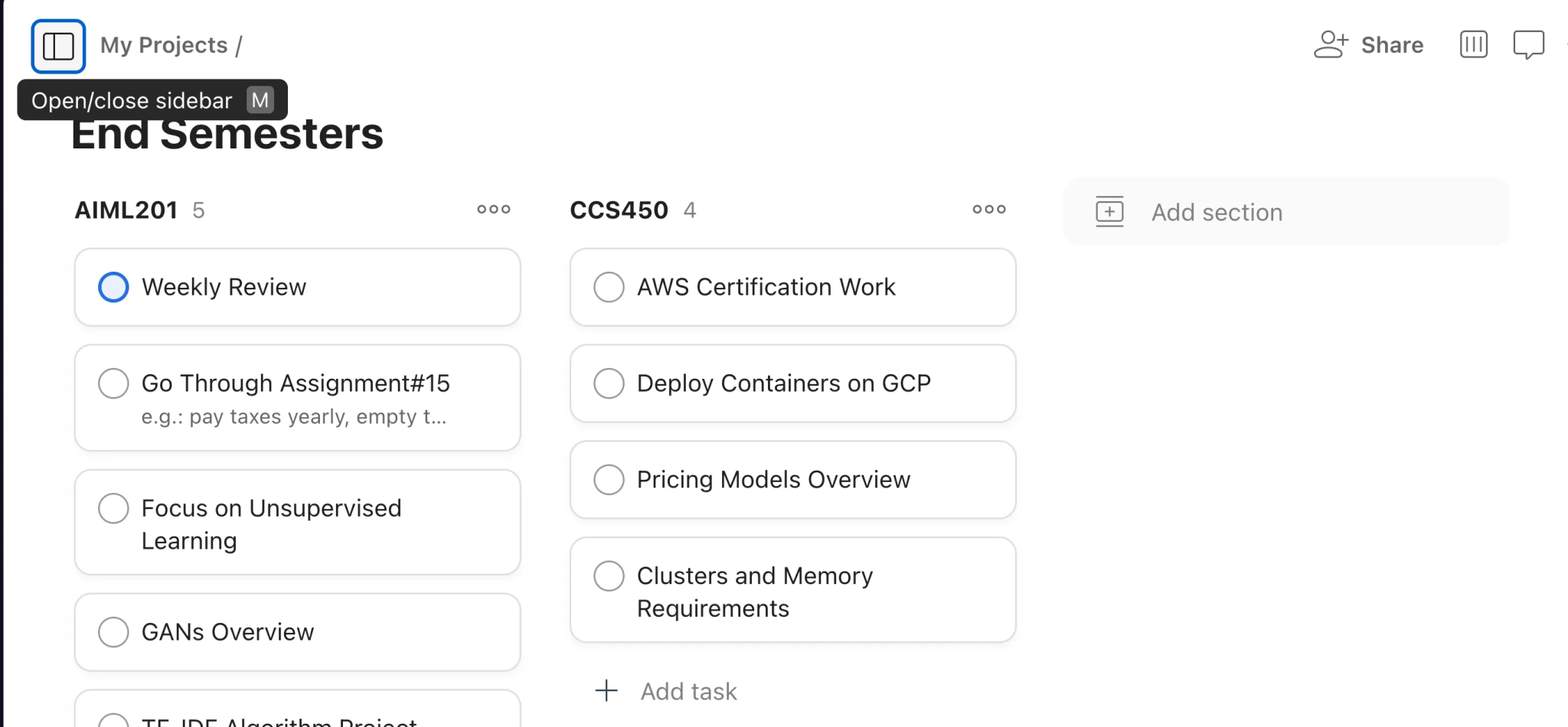 Todoist projects page open with 2 different projects visible