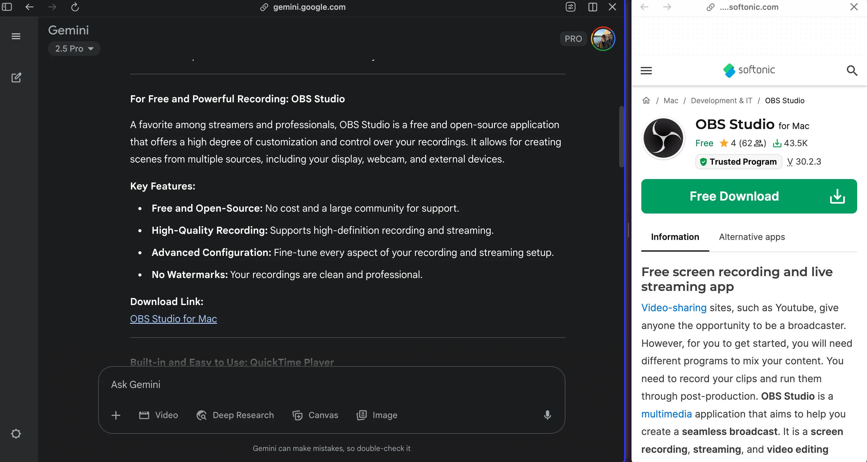 Gemini tab recommending OBS Studio with a Softonic link open beside it.