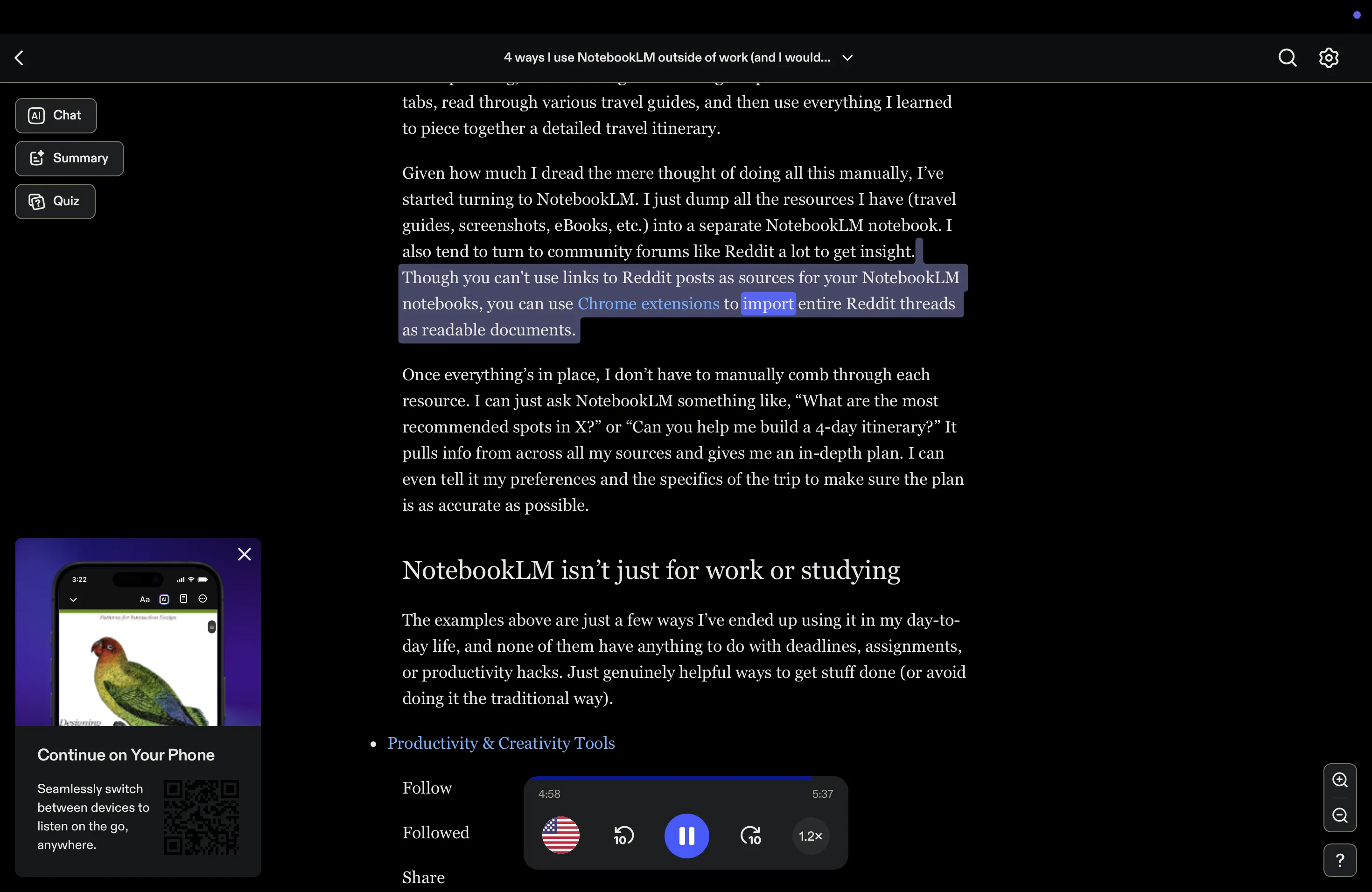 Speechify reading out an article aloud