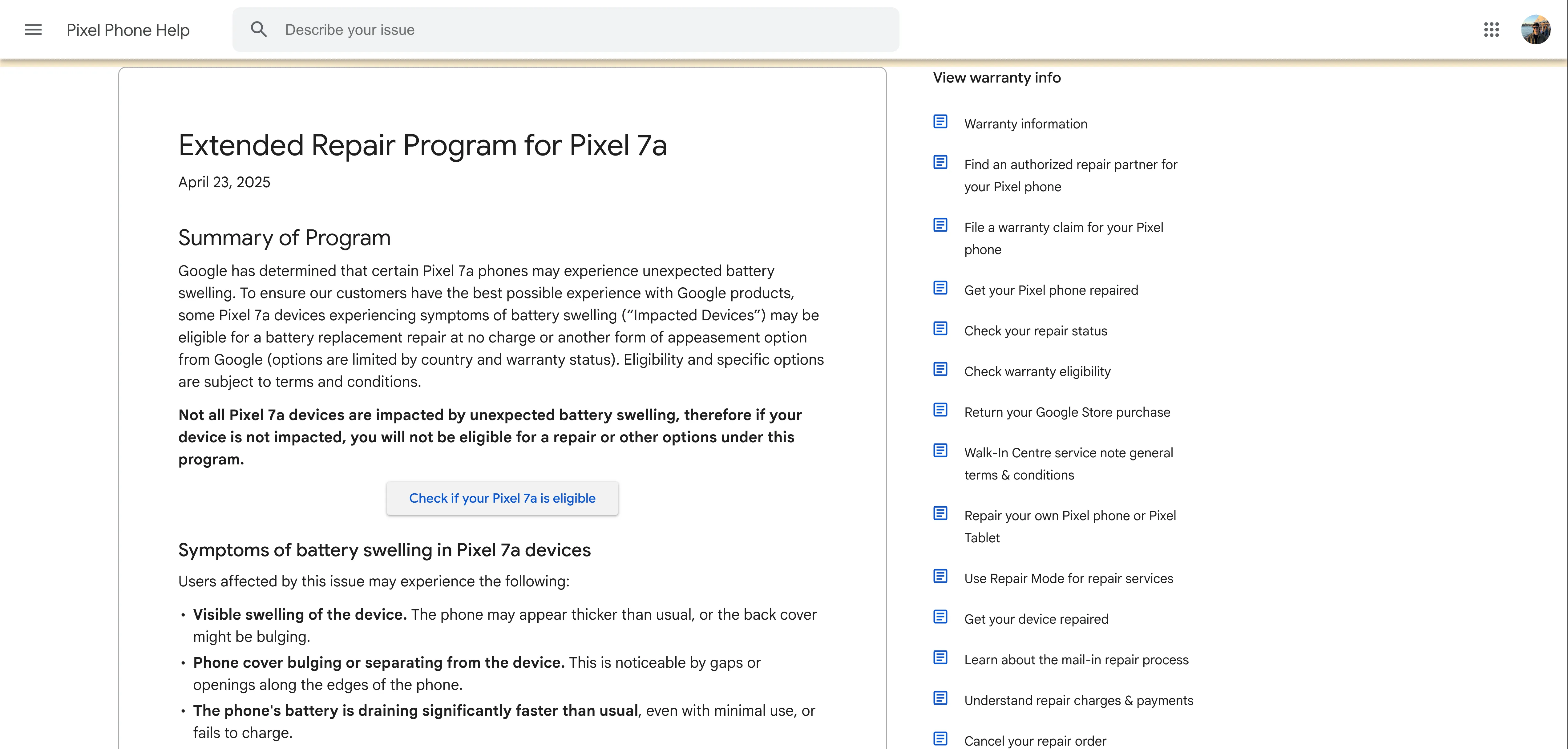 موقع برنامج الإصلاح الممتد لهاتف Google Pixel 7a