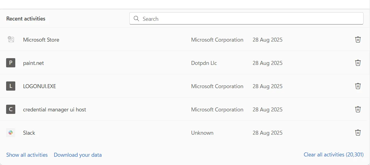 Service activities with clear option.