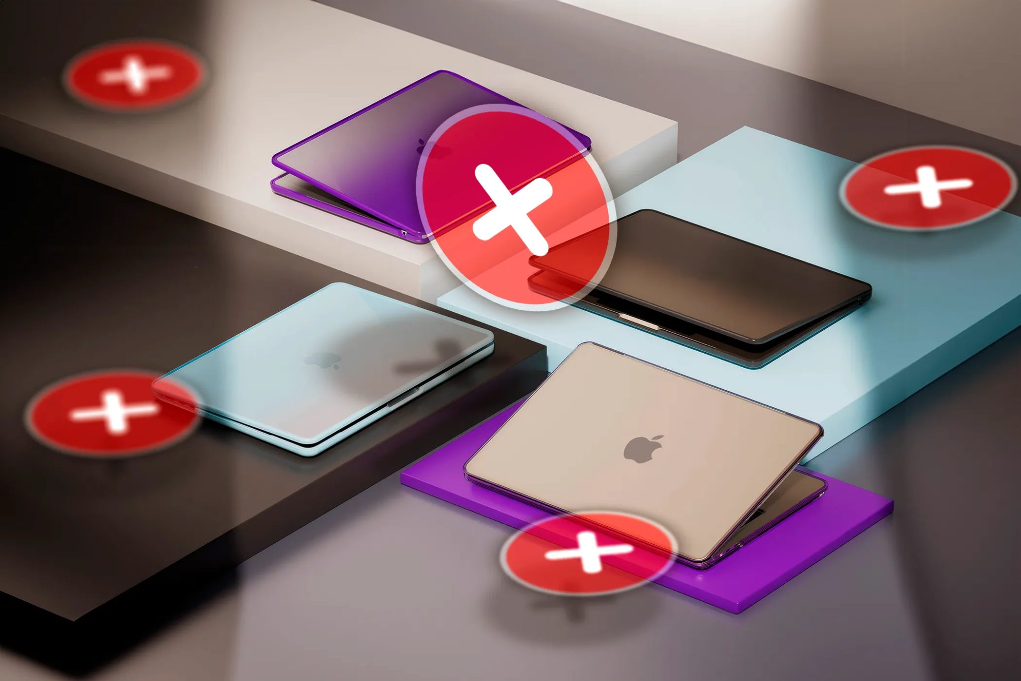 أغلفة حماية صلبة لأجهزة MacBook مع علامات 'X' حولها.