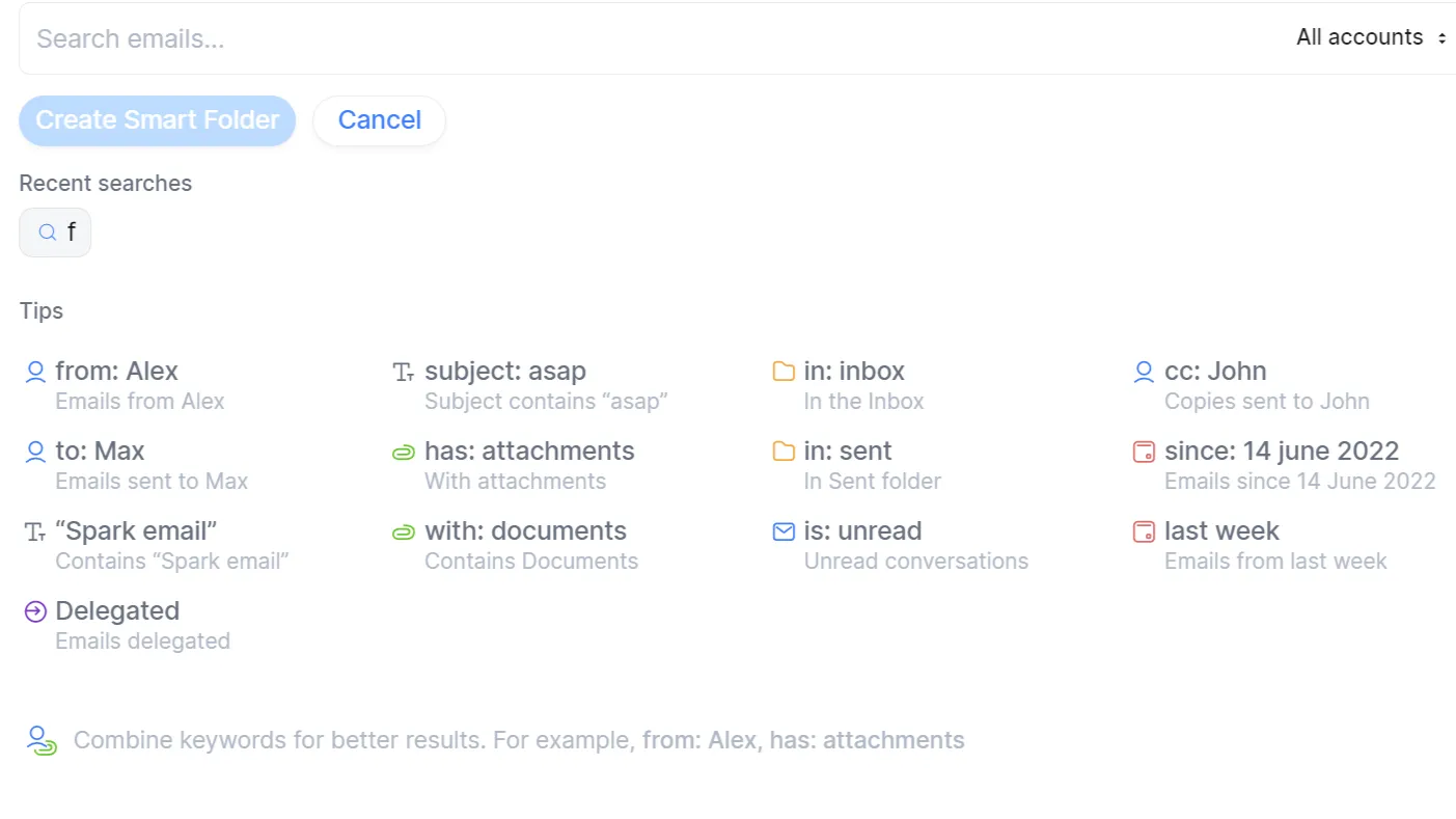 Spark Mail keywords tips for Smart Folders.