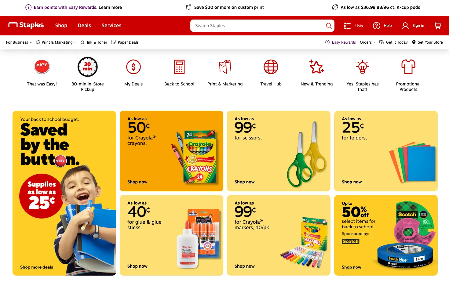 Staples website showing Back to School sale