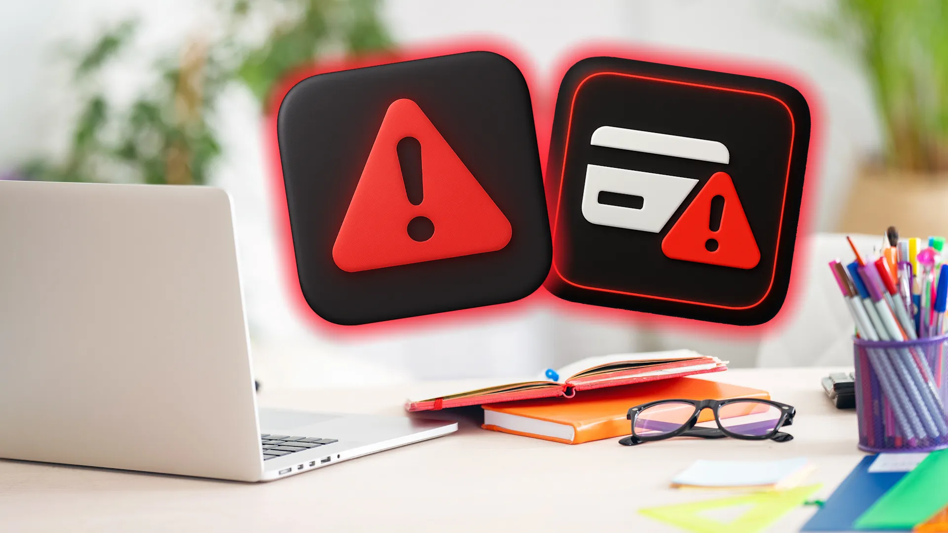 مكتب طالب مع حاسوب محمول وأدوات مدرسية وأيقونات احتيال.