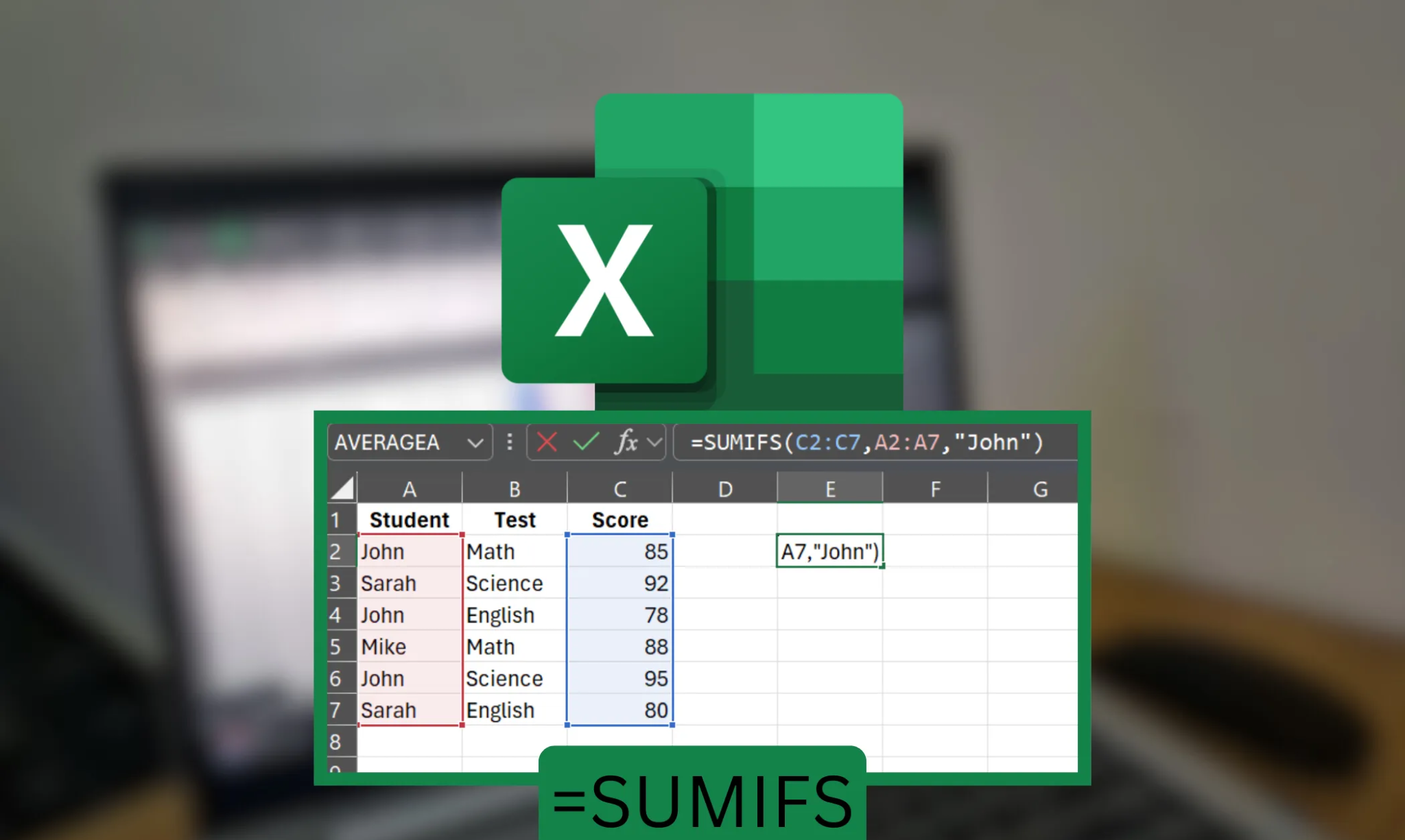 صورة توضح معادلة SUMIFS في جدول بيانات بجانب شعار Excel على جهاز كمبيوتر محمول بخلفية ضبابية