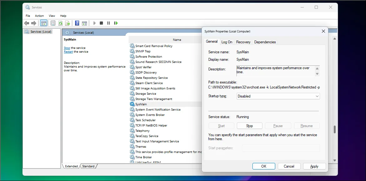 SysMain properties dialog open on the services app in WIndows 11