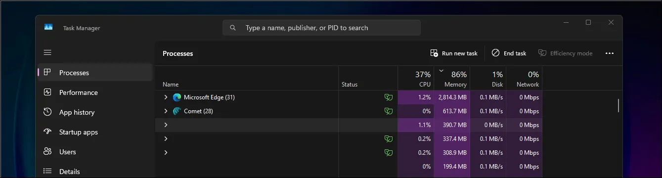 Task manager open on Windows 11