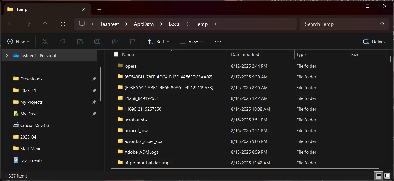 temp folder directory open in File Explorer
