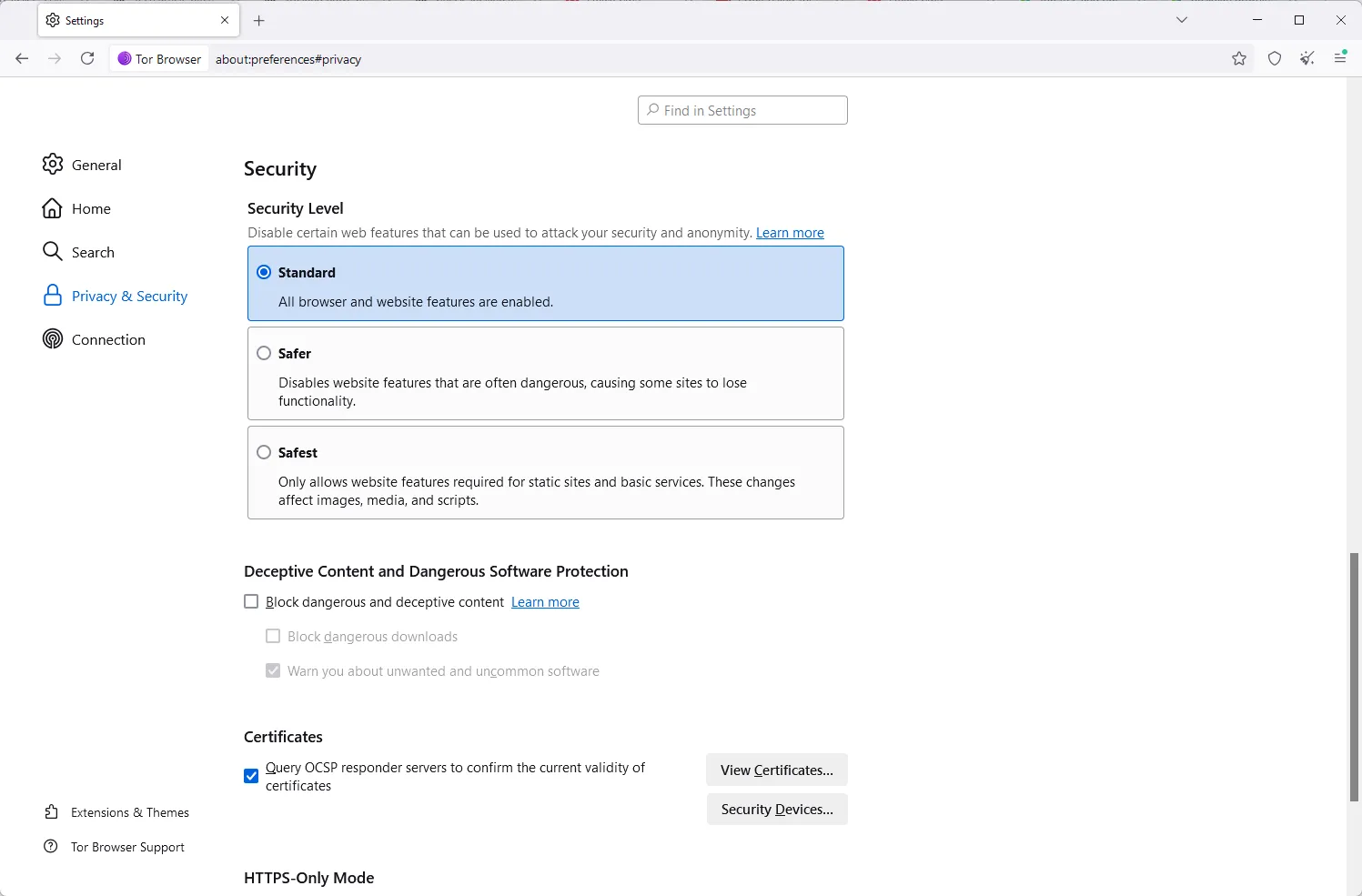 مستويات الأمان الثلاثة في متصفح Tor