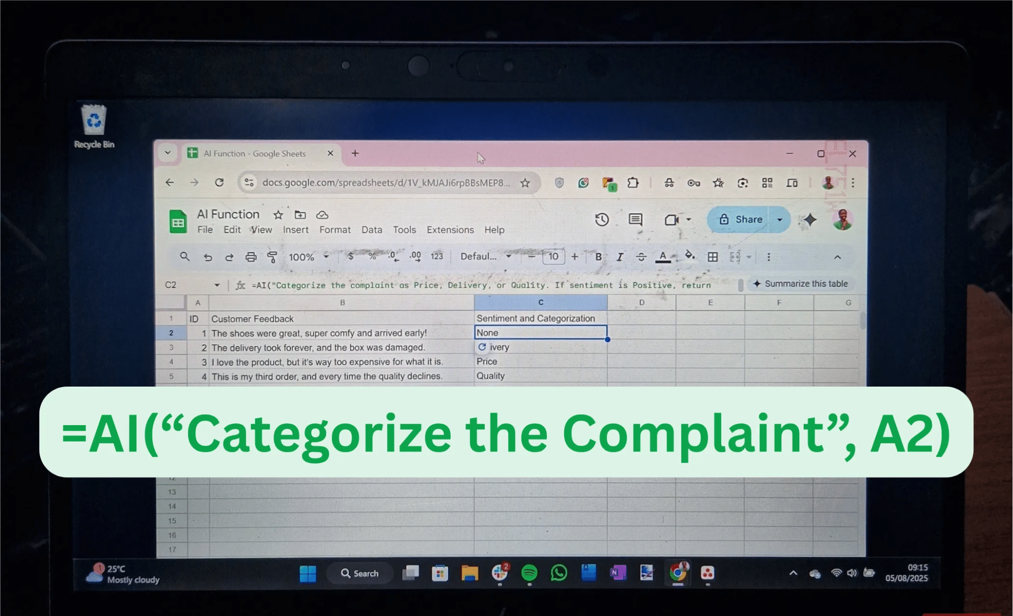 وظيفة الذكاء الاصطناعي في جداول بيانات Google