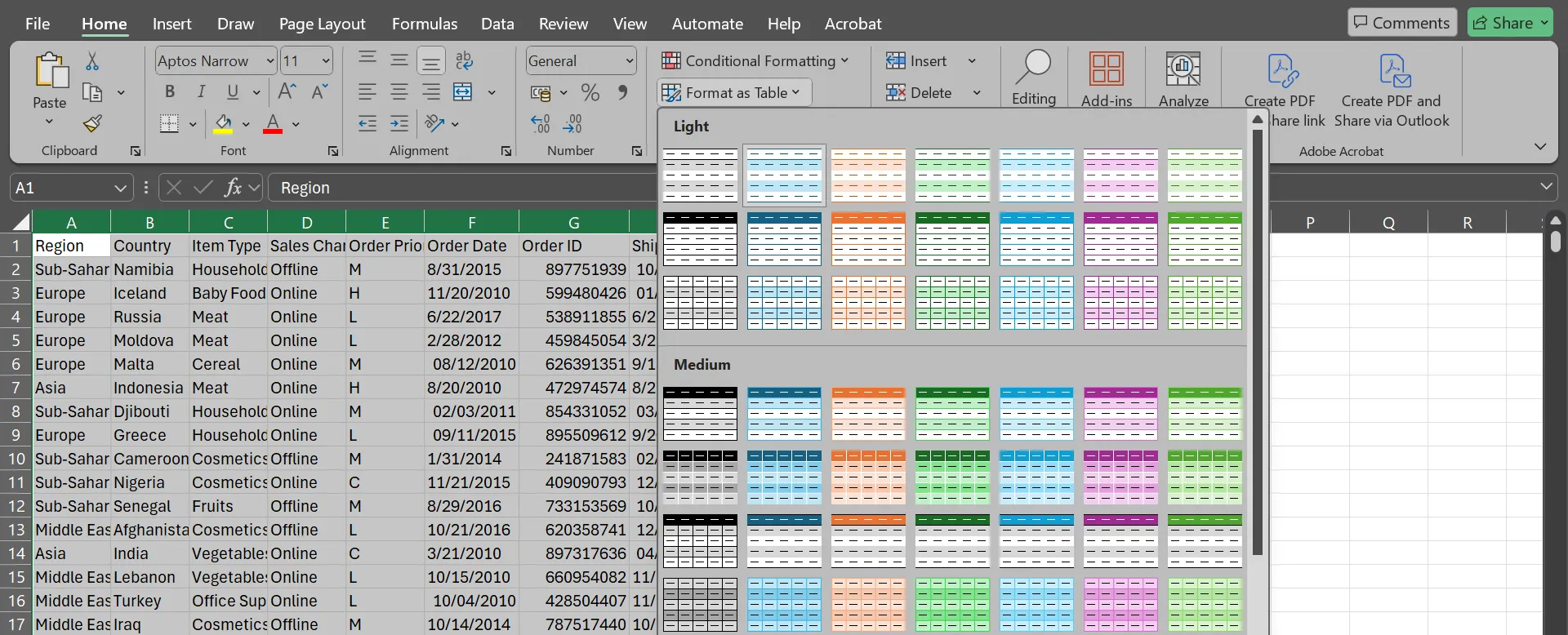 The Format as Table menu in Excel