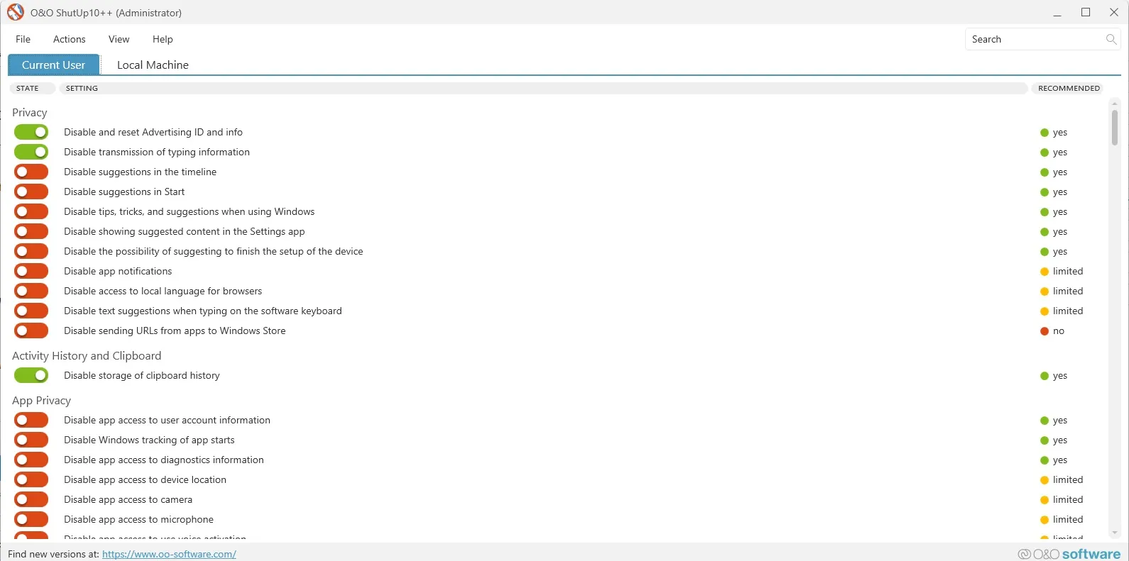 The O&O ShutUp10++ for turning off Windows 11 telemetry
