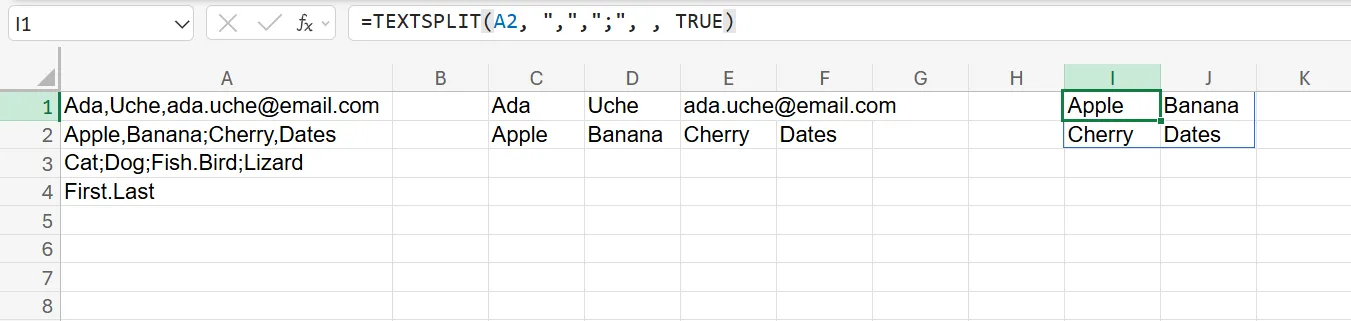 The TEXTSPLIT Function in Excel with multiple delimiters and split across separate rows