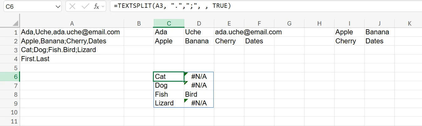 The TEXTSPLIT Function in Excel with words split across separate rows using different delimiters