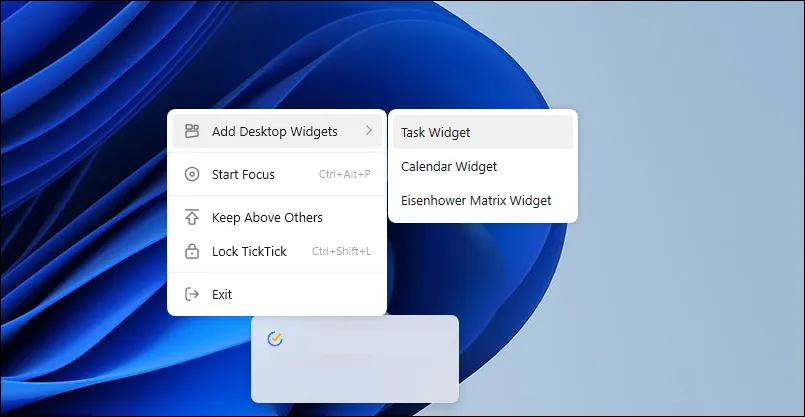 TickTick add widget to desktop option