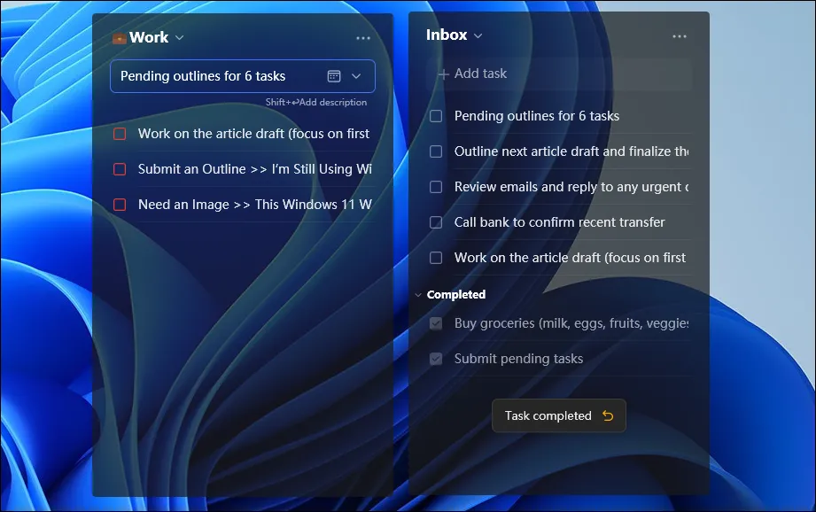 TickTick Desktop task wdigets on the screen