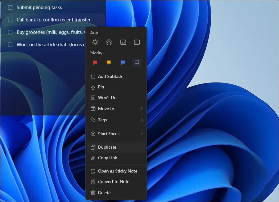 TickTick Desktop widget and the context menu